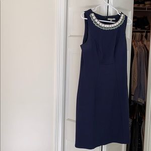 Navy blue shift dress with beaded neckline
